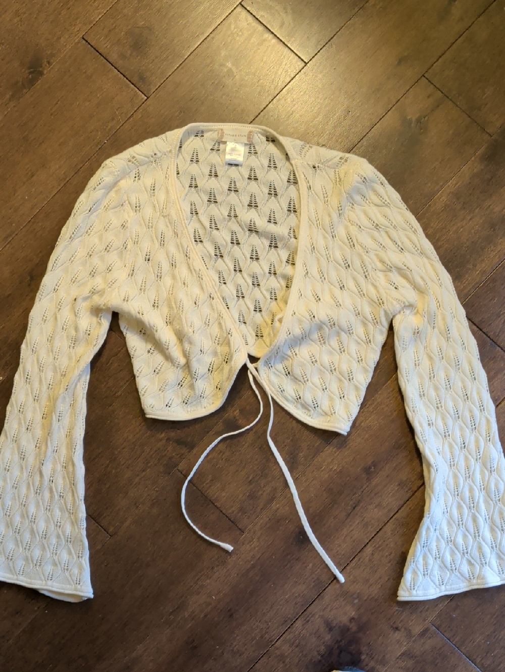 Altar'd State Cream Openwork‎ Cropped Tie-Front Cardigan